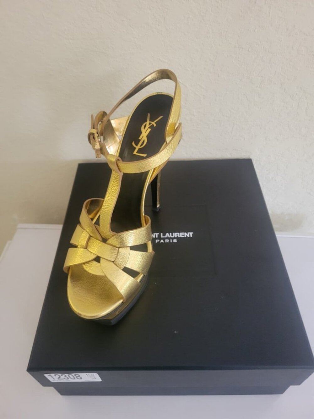 Saint Laurent Gold Tribute T-Strap Platform Sandals US 8